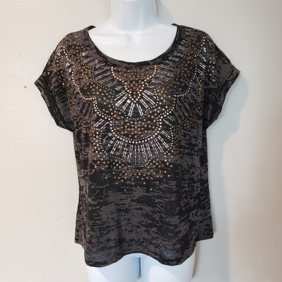 Maurices Premium Medium Black Short Sleeve Shirt Burnout Embellished Front Gems - Picture 1 of 7